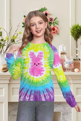 Image of LAZYCHILD Kids Easter Shirt Girls Happy Easter Shirts Rabbit Graphic Long Sleeve Striped Tee Tops 5-14 Years