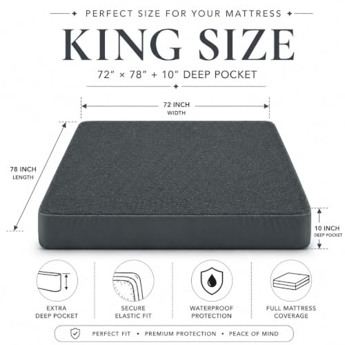 Image of BSB HOME Waterproof Terry Mattress Protector, Soft Cotton Terry Mattress Cover with Deep Pocket Fitted Sheet Style, Breathable & Noiseless Bed Protector, King Size - 72 x 78 + 9 Inches - Metallic Grey