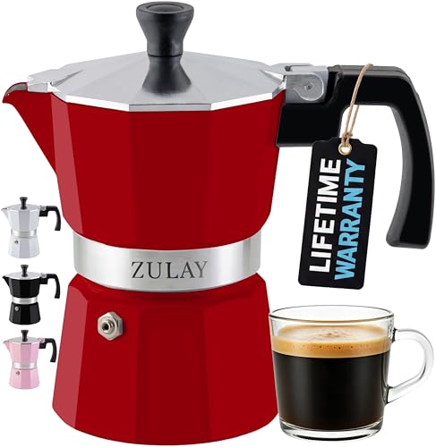 Zulay Moka Pot Espresso Stovetop Coffee Maker - Leak-Proof, Stainless Steel, Easy to Clean, Heat Resistant Handle & Knob - for Authentic Cuban & Italian Style Espresso - Makes 3 Espresso Cups - Red