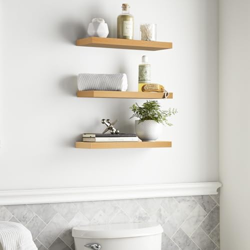 Image of BAYKA Floating Shelves for Wall, Wall Mounted Rustic Wood Shelves for Bathroom, Bedroom, Living Room, Kitchen,Small Hanging Shelf for Books /Storage /Room Decor (Light Oak-Toned, Set of 3, 15.7in)