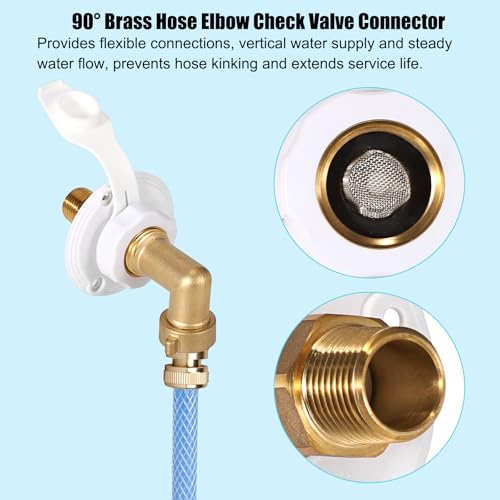 Image of OwnMy RV City Water Inlet with Check Valve Brass RV Water Inlet Connections with Hose Elbow Connector, RV City Water Fill Inlet Flange Replacement for Camper Marine Boat RV Trailer Accessories