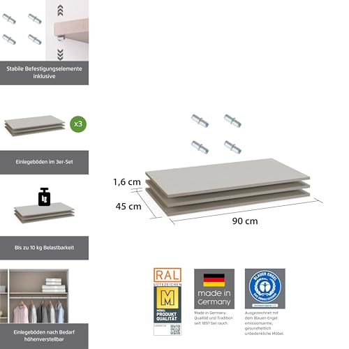Rauch Möbel ZUBEHÖR, Einlegeböden, 3er-Set, für Drehtürenschränke von Rauch mit Einer Elementbreite von 93 cm, Farbe Texline Leinenoptik, Maße 90x12x45cm