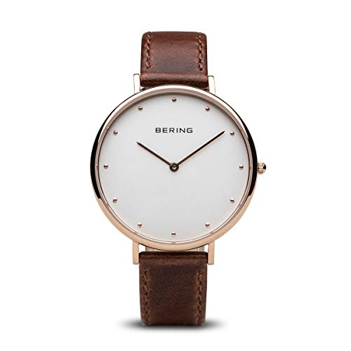 Bering Women's Classic 39mm Brown Leather Band Steel Case Quartz White Dial Analog Watch 14839-564