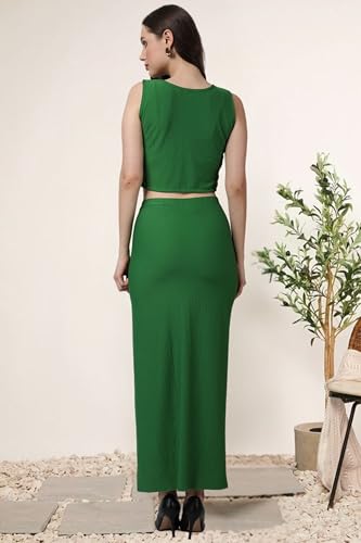 Image of POPWINGS Casual Solid Top and Skirt Co-Ord Set for Women | Stylish Western Co-Ord Set for Women | Crop Top and Long Slit Skirt Set for Women