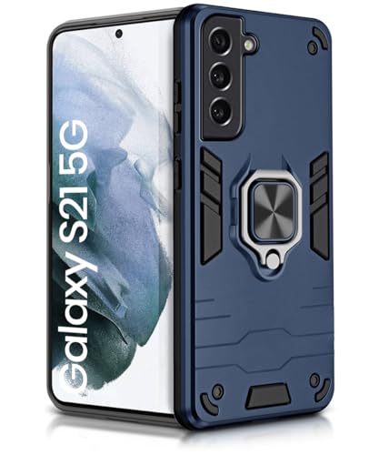 Image of WOW IMAGINE Shock Proof Back Case Mobile Cover for Samsung Galaxy S21 5G | Back Cover Case (Tough Armor | Hybrid PC + TPU | Ring Holder & in-Built Kickstand | Blue)