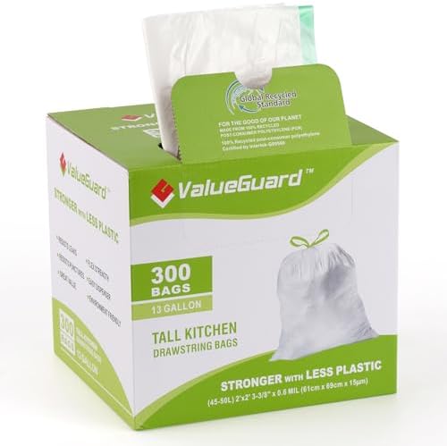 ValueGuard Large Trash Bags 13 Gallon Tall Drawstring 100% Post-C...