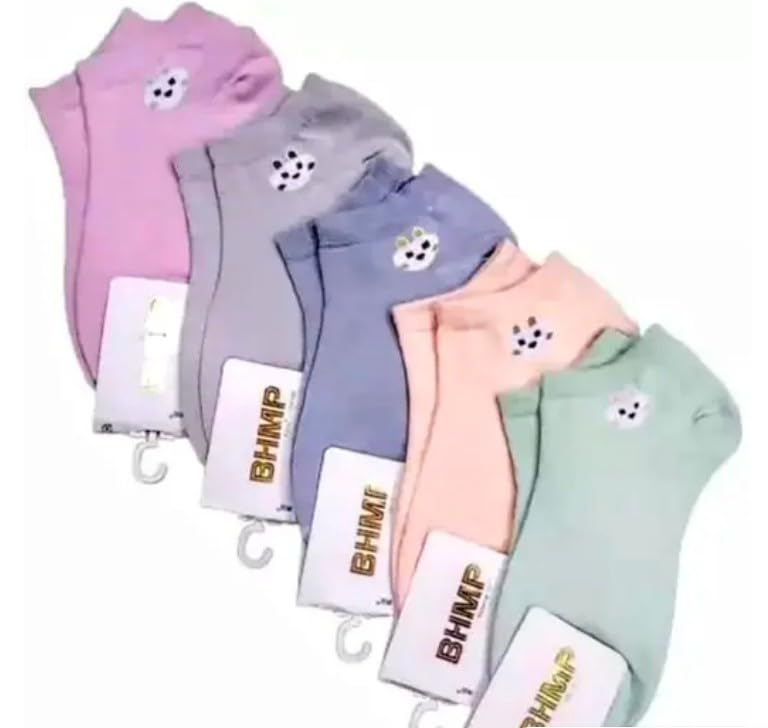 Women's Ankle Socks, Cute Cartoon Embroidered, Pastel Multicolour, Low Cut, Pack of 5-image-48
