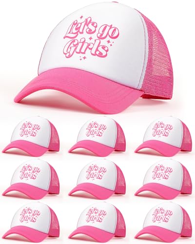 Jecery 10 Pcs Let's Go Girls Mesh Trucker Hats for Women Hot Pink Trucker Cap Polyester Mesh Baseball Cap for Bachelorette Party Bridal Shower Favors