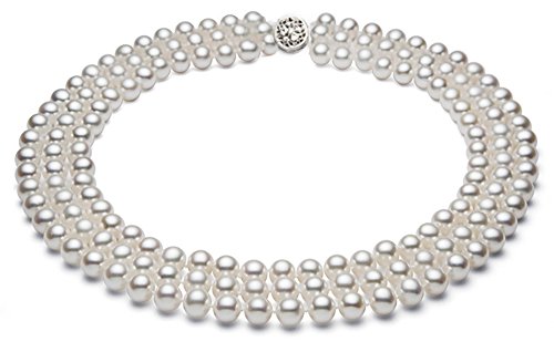 Triple Strand White Freshwater Cultured Pearl Necklace for Women AA+ Quality Sterling Silver (5.5-6mm) - PremiumPearl