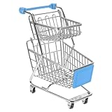 WEKAMOS Mini Carrito De Compras Doble Cesta De Hierro Decorativo Azul Organizador De Escritorio Juguetes Infantil Pequeño Supermercado Simulación