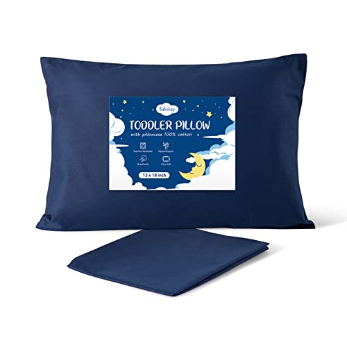 Babebay Toddler Pillow With Pillowcase, 13×18 100% Cotton Toddlers Pillows For Sleeping, Machine Washable Pillows Perfect For Toddler Bed, Daycare, Small Pillows For Kids, Neutral - Navy Blue #TOP24