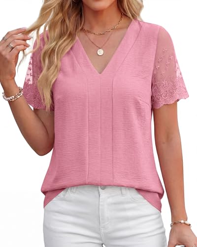 Zenlonr Women Tops Summer 2026 Short Sleeve Shirts Spring Vacation Fashion Dressy Casual Business V Neck Blouses(Pink,XX-Large) — view 5