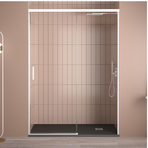 Mampara Ducha Frontal Corredera 1 Puerta Corredera 1 fijo | Cristal templado 6mm Antical Transparente | Altura 195cm | Perfilería Blanco Mate | 110cm (Adaptable 104-109cm)