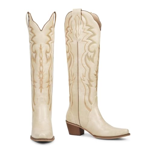 Image of wetkiss Cowboy Boots for Women Knee High, Low Heeled Stable and Comfortable | Knee High Cowgirl Boots,Western Boots with Embroidery,Pull On,Slip On,Non-slip Rubber Sole,Soft and Breathable PU Leather