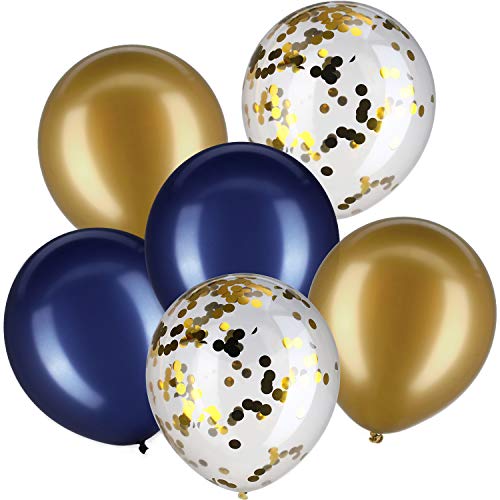 Jovitec 30 Pièces 12 Pouces Ballons en Latex Ballons Confettis pour la Décoration de Mariage de Anniversaire de Fête (Bleu Marine et Or Métallique)