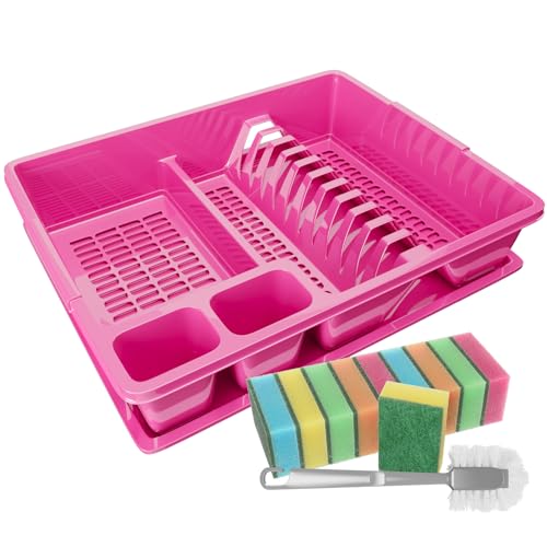 WELLGRO Abtropfgestell aus Kunststoff mit Reinigungsbürste und 10 Schwämmen - 44x35x9 cm (LxBxH) - Schale Geschirrkorb Abtropfkorb Abtropfgitter für Spüle Made in Europe, Farbe:Pink
