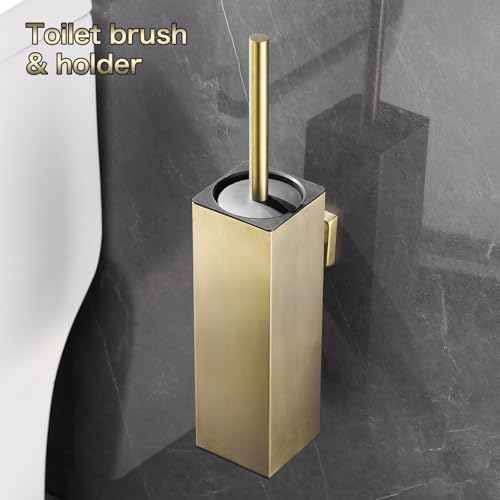 Image of Toilet Brush Set - Brushed Gold, Wall-Mounted Holder, Cleaning Brush Head, and Splash Guard