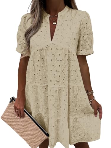 Image of Imily Bela Womens Summer Lace Dresses Eyelet Casual Flowy Babydoll Swing Short Sleeve V Neck Tunic Dress