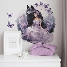 Purple Wolf Girl Butterfly Wall Stickers, sacinora Creative Cold Beauty Art Wall Decals Removable Vinyl Peel and Stick for Kids Women Bedroom Nursery Decoration