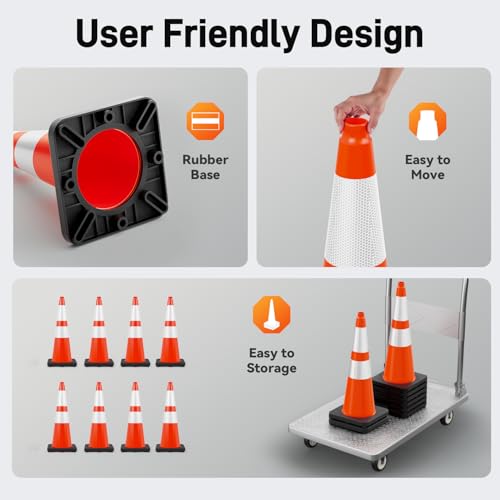 HiGiant 28 Inch Traffic Cones 8 Pack, Orange Safety Cone with Weighted Base, High-Visibility and Impact-Resistant, for Parking, Road Construction, Drivers Training, Driveway - Thumbnail 6