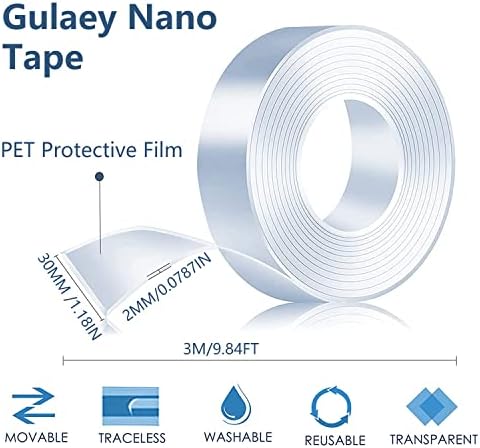 Gulaey Nano Adhesive Tape 3M*3CM*2MM, Double Sided Tape Heavy Duty, Nano Tape,Multipurpose No-Trace Removable Glue Tape,Washable Strong Sticky Wall Tape Strips for Paste Items,Household(3M)