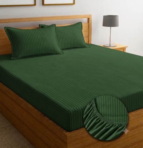 Image of Satin Striped Glace Cottonelastic Fitted bedsheets Double Bed with 2 Pillow Cover| 72 x 78 Inch | Fits Up to 10 Inch | Soft & Smooth Hotel Collection | Breathable, Fade Resistant