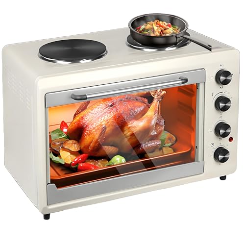 MJMLUCK Mini Horno de 2000 W, Cocina eléctrica de encimera de 56 l con Grill y Placa de cocción Doble, horneado Uniforme de 360°, Temperatura y Temporizador Ajustables, Apagado automático, hornos de