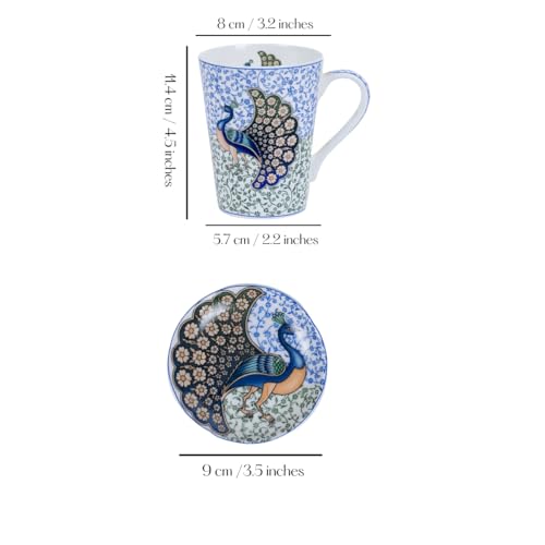 Image of GOLDEN QUEEN'S Mugs & Coaster Set of 2 for Coffee, Tea, Milk - Ideal for Your Daily Beverage Ritual, Hosting & Casual Gatherings | 300ML | Micorwave Safe - Indian Peafowl
