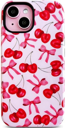 Qokey for iPhone 15 Case, Floral Hybrid Protective Cover with 2-Layer Design, Hard Blossom Textured Shell + Soft Black Silicone Shockproof, Durable, Scratch-Resistant - Red Cherry Bows -  bow case for iPhone 15