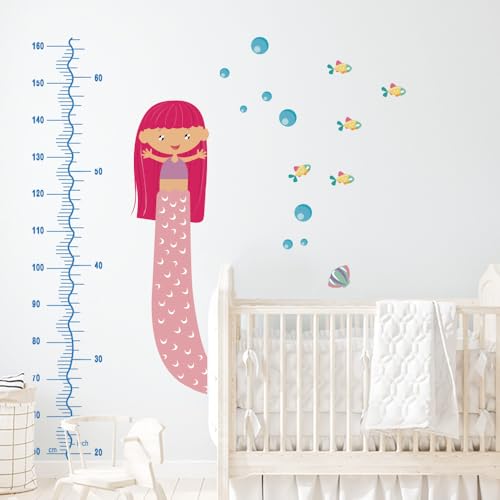 Image of Cute Mermaid Height Chart Wall Sticker - Pink Tail Nursery Growth Measurement Decal - Peel and Stick Vinyl - Non-Toxic Baby Room Decoration - Removable Kids Bedroom Wall Art