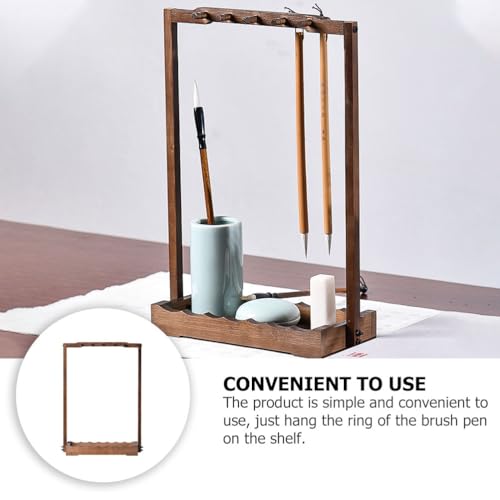 Image of Cabilock Chinese Brush Shelf Pen Hanger Wood Brush Stand Rack Hanger with 10 Pins Calligraphy Sumi Painting Brush Pen Holder