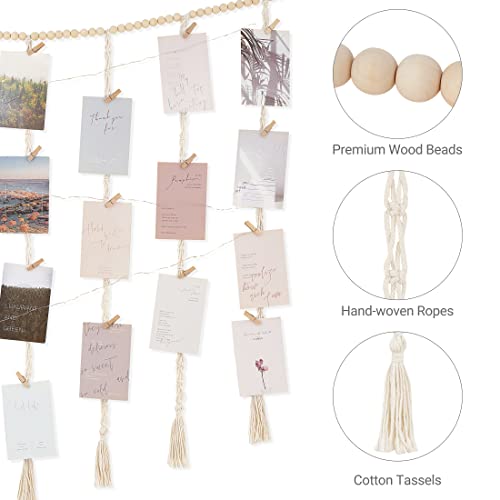 Mkono JJBS0101 Macrame Hanging Photo Display Wall Decor With String Lights, Boho Wooden Beads Garland Collage Picture Card Frame Holder thumb #4