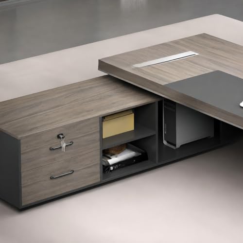 Image of Lakdi The Furniture Co Director & Executive Table L-Shape Office Table Luxury Desk with Locking Drawer, CPU Storage, Organized Wiring System - Dark Brown 5-Year Warranty & Free Assembly - LDL-603