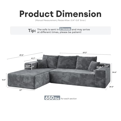 Image of HOOOWOOO Sectional L Shaped Couch,106 inch Assembly Free Modern Minimalist Sofa,Extra Deep Large Sofa Set,Corner Couch in A Box for Living Room(Left Chaise Grey Velvet Uphosted)