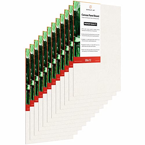 Image of Scholar Art Hobby Series 04 Oz (230 GSM) 100% Cotton Canvas Panel Board for Painting (White Blank Canvas Boards for Acrylic Paint, Oil Paint, Wet & Dry Media) | 09 inchx12 inch (22.5x30 cm), Pack of 12