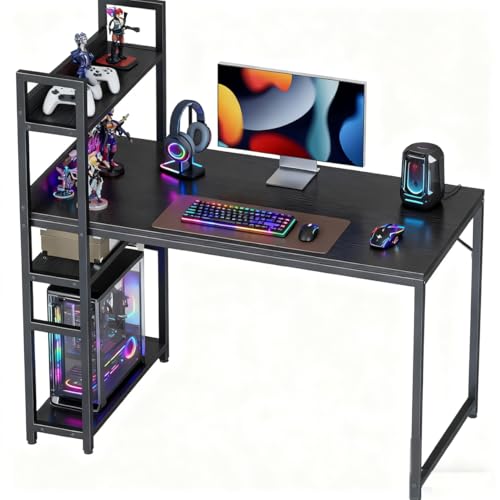 CubiCubi Computer Desk 47 inch with Storage Shelves, Reversible Studying Working Writing Table with Bookshelf for Home Office, Modern Simple Style, Black