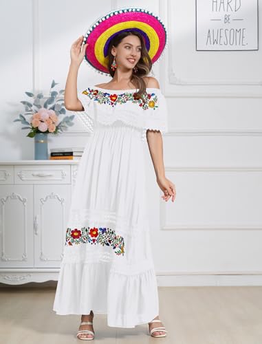 Image of ABEHIK Mexican Dress for Women Traditional Off Shoulder Embroidered Present Casual Lace Long Maxi Dress Cinco de Mayo Outfit