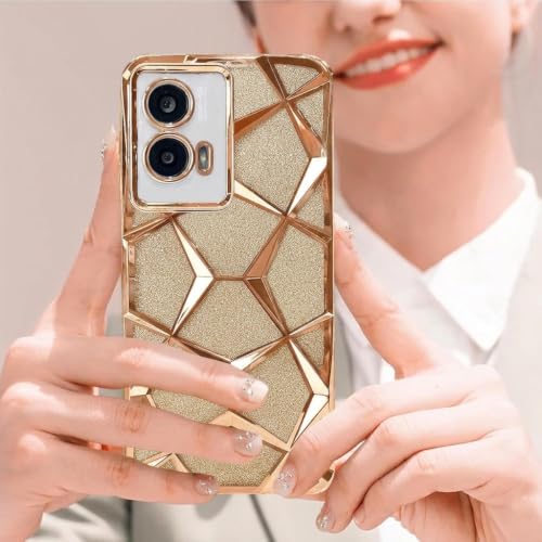 Image of VONZEE Gradient Glitter Case for Moto Edge 50 Fusion, Luxury Electroplated 3D Cube, Diamond Bling Shiny Soft TPU Clear Shockproof Women Girls Protective Phone Cover (Gold)