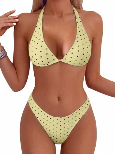 Fanuerg Womens Triangle Bikini Sets Halter String Two Piece Swimsuits High Cut Cheeky Bathing Suit Yellow Polka Dots 2026 XL