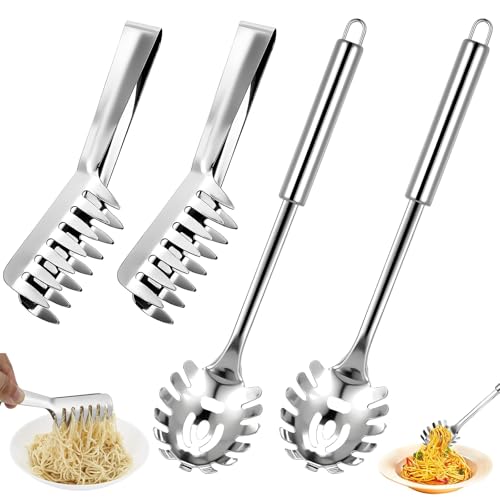 XSHAO® 4 Stk Spaghetti Server Set, Pasta Löffel Edelstahl Spaghettizange Edelstahl Spaghetti-Löffel und Nudelzange für Backen und Kochen von...