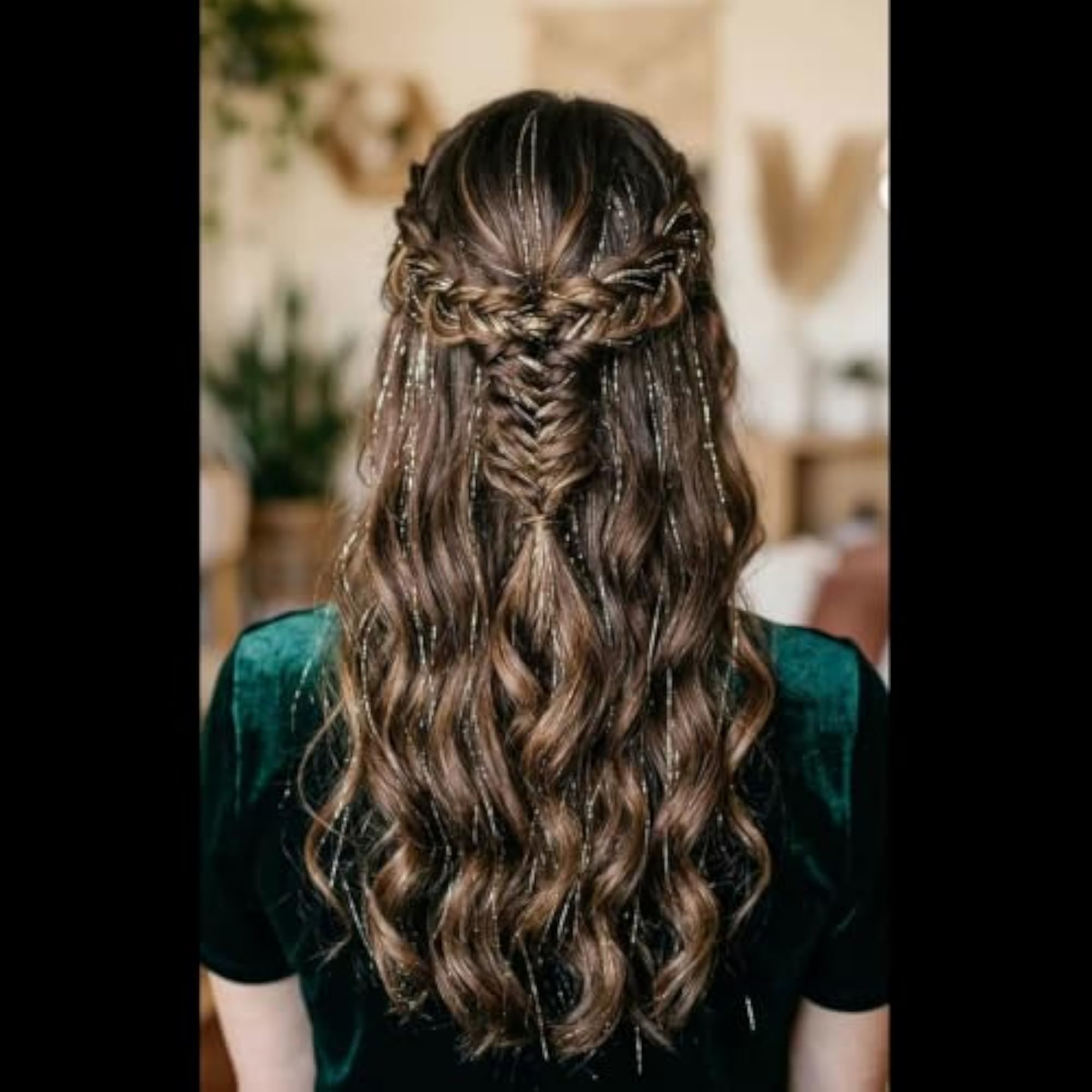 Gold Clip-In Hair Tinsel Extensions, 12 Pcs, Glitter Strands