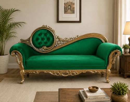 Image of Victorian Style Chaise Lounge, Tufted Cream Upholstery, Mahogany Wood Frame, Classic Living Room Furniture (Green)