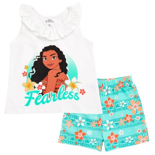 Disney Moana Big Girls' Glitter Ruffle Sleeveless Tee and French Terry Shorts Outfit Teal White 10-12 - image 1