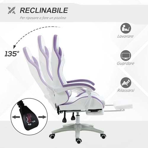 Sedia da Gaming Ergonomica in Pelle PU e Acciaio con Poggiatesta e Altezza Regolabile, Poltrona Gaming con Schienale Reclinabile e Cuscino Lombare, 65x65x121-129 cm, Bianco e Viola - Sedia gaming - Immagine 5
