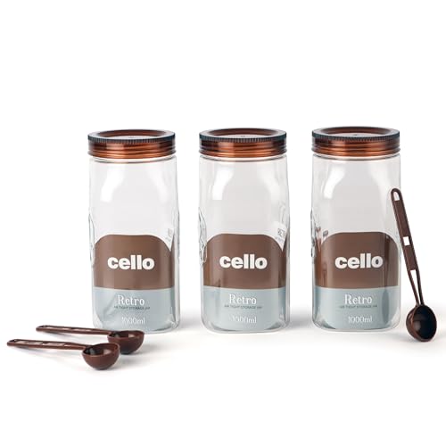Image of CELLO Retro Kitchen Storage Jars Set of 3, (3 x 1000 ml) | Premium Food Grade Quality, BPA Free, Air Tight See-Through Container | Multipurpose Plastic Storage Container For Home Kitchen Gift