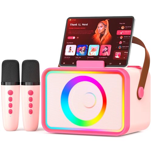 Karaoke Machine,Portable Bluetooth Speaker with 2 Wireless Microphone for Adults & Kids with LED Lights, Karaoke Microphone with PA System Supports USB/TF/AUX,Gift for Party (Pink Red)