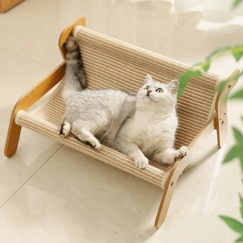 猫ベッド ハンモック夏用 通気性 爪とぎ対応 丈夫な木製フレーム 取り外し簡単 お手入れ楽 屋内外 涼しいソファ 猫 ペット 犬 ペット 藤素材/麻布2種 (A型」-麻-大サイズ, 60x50x36cm)