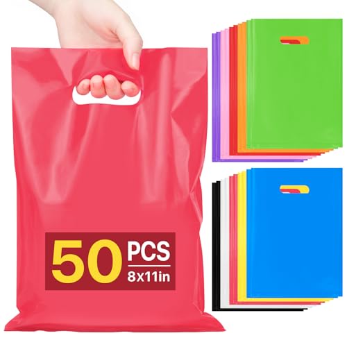 ANZNKU 50 PCS Multicolor Party Favor Gift Bags 8x11 Goodie Bag Bulk for Candy Jewelry Treat Snack Craft Small Reusable Plastic Party Bags with Handles for Kids Birthday School & Festive Events