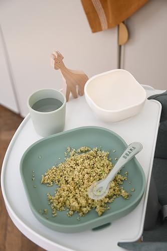 Image of BEABA Silicone 4-Piece Meal Set - Easy to Clean - Dishwasher and Microwave Safe - Soft, Unbreakable, Non-Slip Suction Bottom - Includes Plate, Bowl, Cup and 2nd Stage Silicone Spoon (Sage Green)