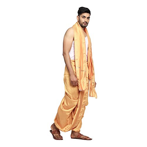 Image of Rameshwaram Fabrics Readymade Dhoti for Men, Velcro Style Stitched Mens Silk Dhoti Pant with Stole Set